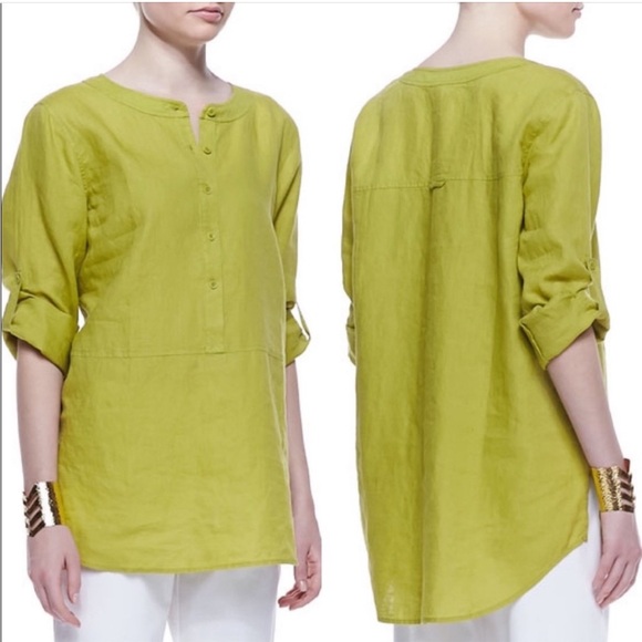 Eileen Fisher Tops - Eileen‎ Fisher Irish Linen Tunic Top Button Front Long Sleeve Chartreuse Green L